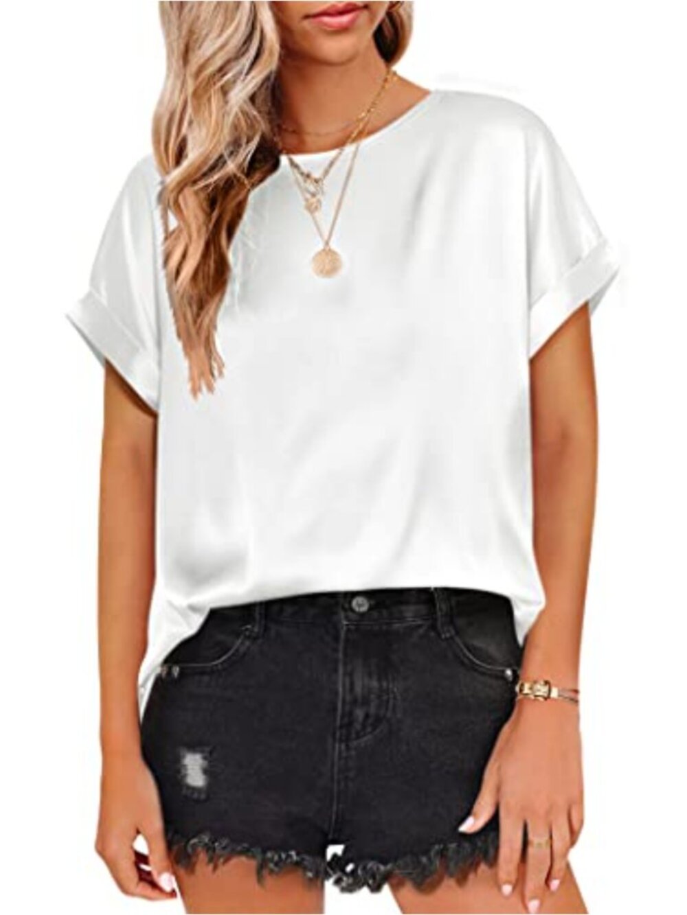 Satin Silk Short Sleeve Blouse Crewneck Loose Casual Work Tunic Top